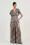 Buy_OTT_Multi Color Jersey V-neck Metallic Jamawar Jumpsuit _at_Aza_Fashions