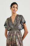 Shop_OTT_Multi Color Jersey V-neck Metallic Jamawar Jumpsuit _Online_at_Aza_Fashions