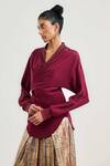 Buy_OTT_Burgundy Silk, Crepe Embroidery V-neck Cocktail Wrap Top _at_Aza_Fashions