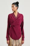 Buy_OTT_Burgundy Silk, Crepe Embroidery V-neck Cocktail Wrap Top _Online_at_Aza_Fashions