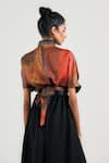 Shop_OTT_Rust Linen, Satin Mandarin Collar Ram Kumar Wrap Top _at_Aza_Fashions