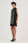 OTT_Black Viscose, Georgette Sequins Keyhole Neck Jamawar Cocktail Dress _Online_at_Aza_Fashions