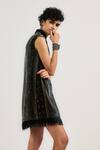 Shop_OTT_Black Viscose, Georgette Sequins Keyhole Neck Jamawar Cocktail Dress _at_Aza_Fashions