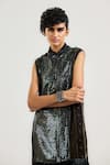 Shop_OTT_Black Viscose, Georgette Sequins Keyhole Neck Jamawar Cocktail Dress _Online_at_Aza_Fashions