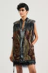 OTT_Black Viscose, Georgette Sequins Keyhole Neck Jamawar Cocktail Dress _at_Aza_Fashions