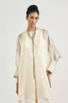 Shop_Ott_Ivory Silk Satin, Organza Embroidery Split V-neck Kantha Tunic _Online_at_Aza_Fashions