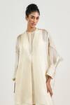 Ott_Ivory Silk Satin, Organza Embroidery Split V-neck Kantha Tunic _at_Aza_Fashions