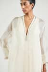 OTT_Ivory Silk Satin, Organza V-neck Crystal V Asymmetrical Tunic _Online_at_Aza_Fashions