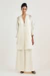 Buy_OTT_Ivory Silk Satin, Organza V-neck Crystal V Asymmetrical Tunic _at_Aza_Fashions