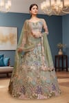 Buy_Samyukta Singhania_Green Net, Silk Sequins, Beads, Embroidery Round Neck Lehenga Set_at_Aza_Fashions