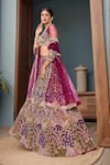 Samyukta Singhania_Burgundy Net Sequins, Embroidery Round Neck Floral Lehenga Set _at_Aza_Fashions