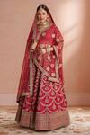 Shop_Samyukta Singhania_Red Silk, Net Sequins, Embroidery Sweetheart Neck Lehenga Set