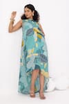 Buy_Thee Modern Roots_Teal Cotton Round Neck Floral Print Blue Flared Dress _at_Aza_Fashions