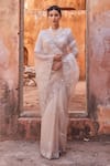 Shop_Geroo Jaipur_Gray Hand Embroidered Dusty Silver Saree Set _Online_at_Aza_Fashions