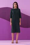 Pleats by Aruni_Bottle Green Crushed Textured Midi Dress _Online_at_Aza_Fashions
