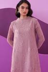 Buy_Pleats by Aruni_Purple Crepe, Satin Embroidery High Neck Muave Manila Midi Dress _Online_at_Aza_Fashions