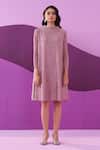 Pleats by Aruni_Purple Crepe, Satin Embroidery High Neck Muave Manila Midi Dress _at_Aza_Fashions