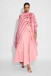Buy_SHASHA GABA_Pink Brocade Fabric Flowers Open Neck Striped Wrap Style Shrug _Online_at_Aza_Fashions