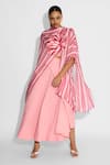 Buy_SHASHA GABA_Pink Brocade Fabric Flowers Open Neck Striped Wrap Style Shrug _at_Aza_Fashions