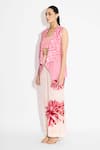 Buy_Shasha Gaba_Pink Crepe Round Neck Stripe Lapel Jacket _Online_at_Aza_Fashions