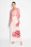 Buy_Shasha Gaba_Pink Crepe Round Neck Stripe Lapel Jacket _at_Aza_Fashions