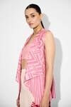 Shasha Gaba_Pink Crepe Round Neck Stripe Lapel Jacket _at_Aza_Fashions