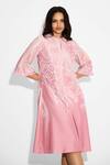 SHASHA GABA_Pink Polyester Round Neck Powder Swirl Print Midi Dress _at_Aza_Fashions