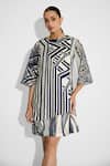 Buy_Shasha Gaba_Ivory Polyester Round Neck Striped Wrap Dress _at_Aza_Fashions