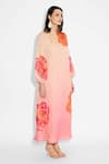 Shasha Gaba_Pink Silk, Tissue Round Neck Floral Print Midi Dress _Online_at_Aza_Fashions