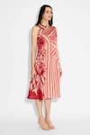 SHASHA GABA_Beige Tissue, Satin Round Neck Stripe Floral Dress _Online_at_Aza_Fashions