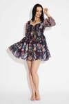 Buy_Shasha Gaba_Blue Polyester, Chanderi Sweetheart Neck Floral And Stripes Short Dress _at_Aza_Fashions