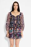 Shasha Gaba_Blue Polyester, Chanderi Sweetheart Neck Floral And Stripes Short Dress _at_Aza_Fashions