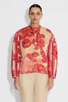 Shop_Shasha Gaba_Beige Satin, Tissue Collared Multi-floral Placket Shirt _Online_at_Aza_Fashions