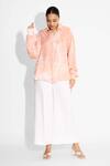 Buy_SHASHA GABA_Peach Amorphous Print High Low Shirt _at_Aza_Fashions