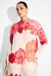 Shop_SHASHA GABA_Pink Mandarin Collar Floral Print Pintuck Shirt _Online_at_Aza_Fashions