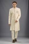 Buy_Arihant Rai Sinha_Cream Jacquard Banarasi Silk Sherwani Set _at_Aza_Fashions