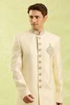 Shop_Arihant Rai Sinha_Cream Jacquard Banarasi Silk Sherwani Set _Online_at_Aza_Fashions