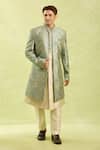Arihant Rai Sinha_Turquoise Embroidery Grey Beige Sherwani Set _at_Aza_Fashions