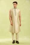 Buy_Arihant Rai Sinha_Turquoise Embroidery Grey Beige Sherwani Set 