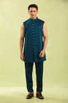 Arihant Rai Sinha_Blue Silk, Jacquard Embroidery Sherwani Set _Online_at_Aza_Fashions