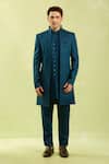 Shop_Arihant Rai Sinha_Blue Silk, Jacquard Embroidery Sherwani Set _Online_at_Aza_Fashions