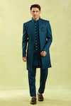 Shop_Arihant Rai Sinha_Blue Silk, Jacquard Embroidery Sherwani Set 