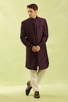 Arihant Rai Sinha_Wine Pattern Jacquard Silk Sherwani Set _Online_at_Aza_Fashions