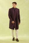 Arihant Rai Sinha_Wine Pattern Jacquard Silk Sherwani Set _at_Aza_Fashions