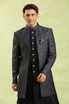 Arihant Rai Sinha_Blue Jacquard Embroidery Silk Sherwani Set _Online_at_Aza_Fashions