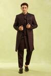 Arihant Rai Sinha_Wine Silk, Jacquard Embroidery Sherwani Set _at_Aza_Fashions
