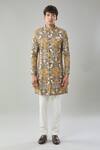Buy_Arihant Rai Sinha_Brown Floral Print Semi Indo Sherwani Set _at_Aza_Fashions