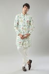 Buy_Arihant Rai Sinha_Cream Floral Print Semi Indo Sherwani Set _at_Aza_Fashions