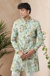 Shop_Arihant Rai Sinha_Green Floral Print Semi Indo Sherwani Set _Online_at_Aza_Fashions