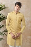 Shop_Arihant Rai Sinha_Yellow Woven Suede Sherwani And White Pollo Pant _Online_at_Aza_Fashions